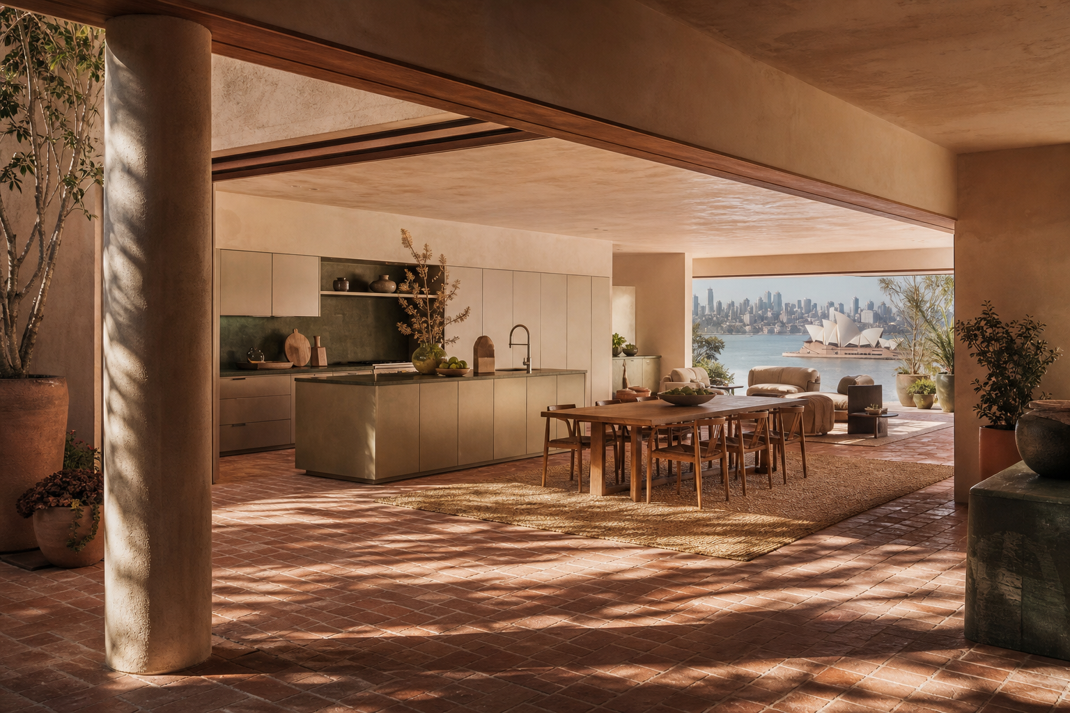 Fadior Sydney Skyline Penthouse — Sydney living kitchen integration with dining table, island, lounge chairs, harbour window,
