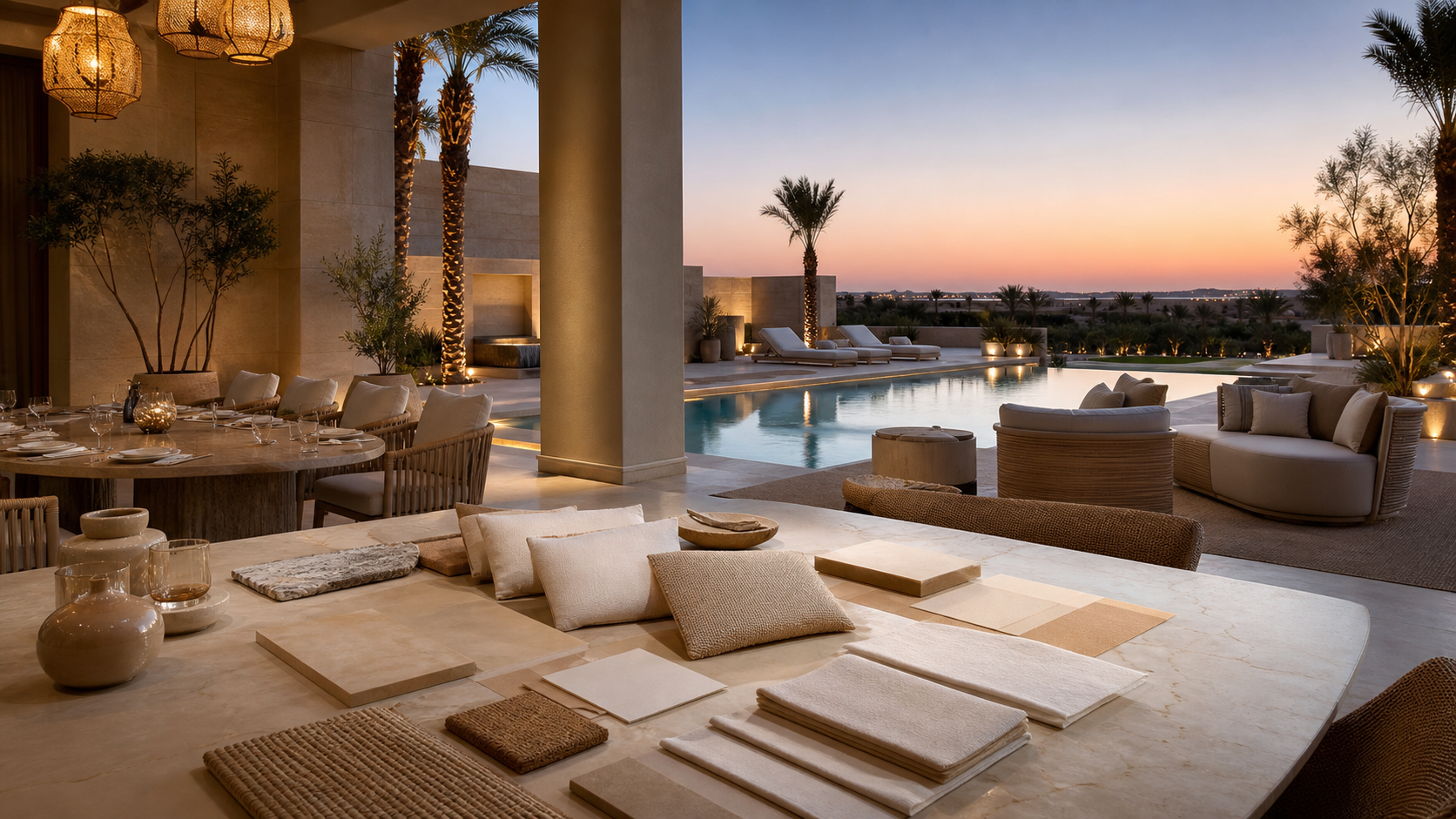 Outdoor living decision comparison across shaded dining, poolside lounge, and warm terrace finishes.