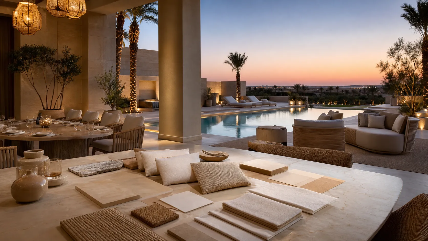 Outdoor living decision comparison across shaded dining, poolside lounge, and warm terrace finishes.