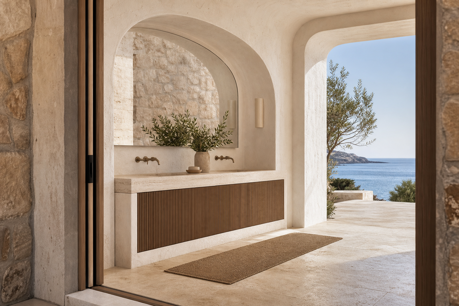 Fadior Voyage Bath Vanity Suite with Tambour Walnut Wash Arcade — interior room context showing cabinet integration