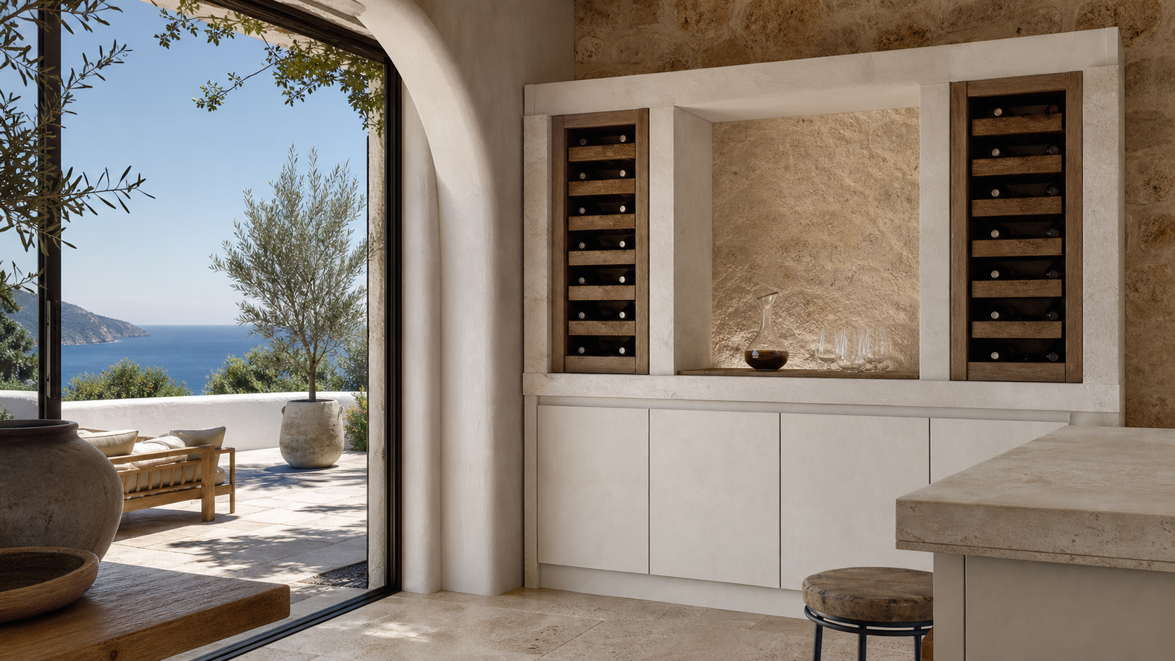 Fadior Estuary Wine Cabinet Suite with Cove Decanting Niche — lifestyle setting with natural light and residential styling