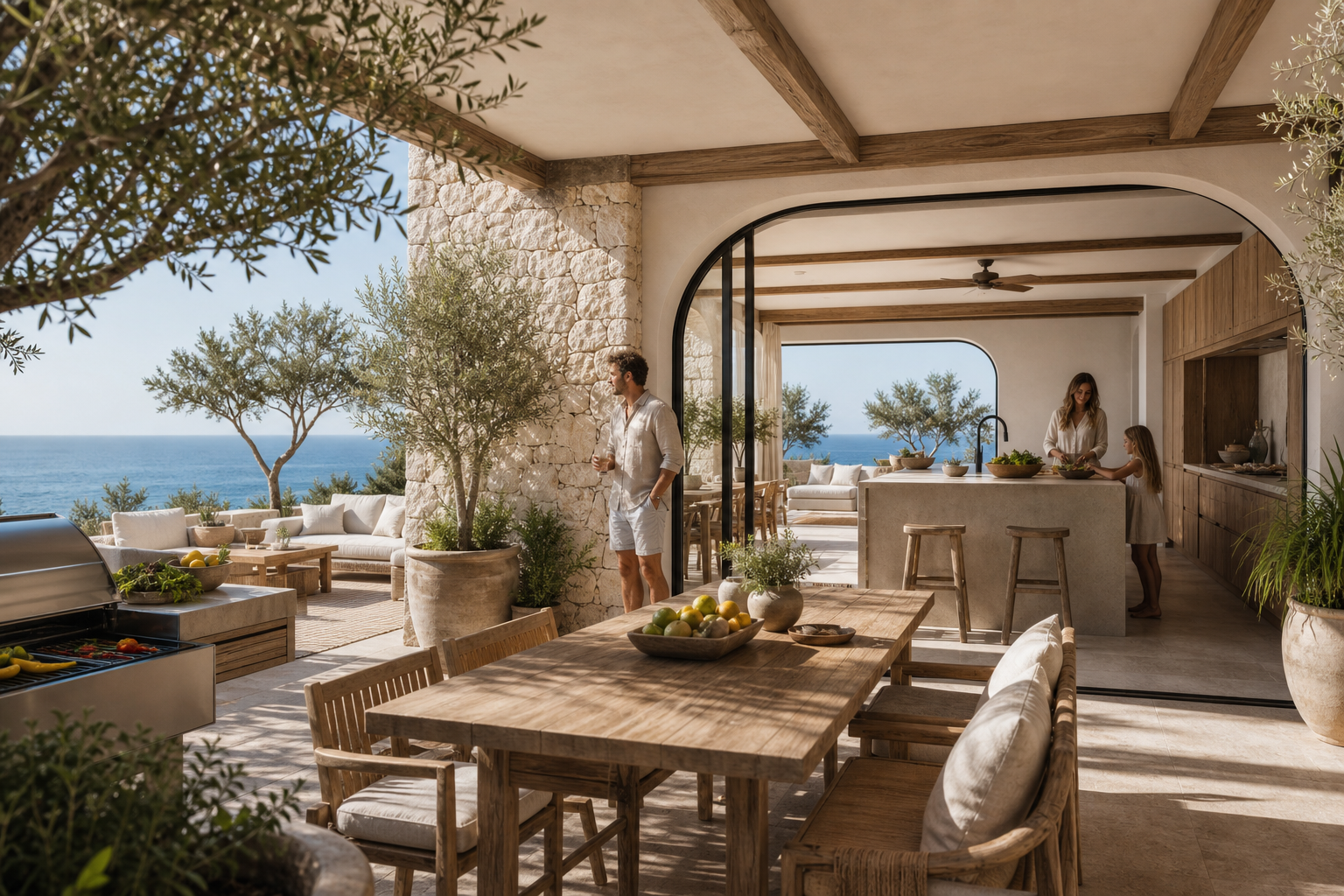 Fadior Marbella 400 sqm Kitchen Villa — terrace table, grill counter, limestone column, ocean view