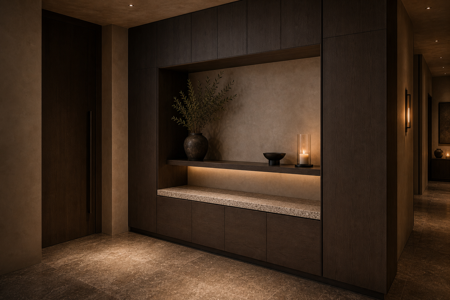 Fadior Savile Entryway Suite with Floating Ledge Arrival Niche — interior room context showing cabinet integration
