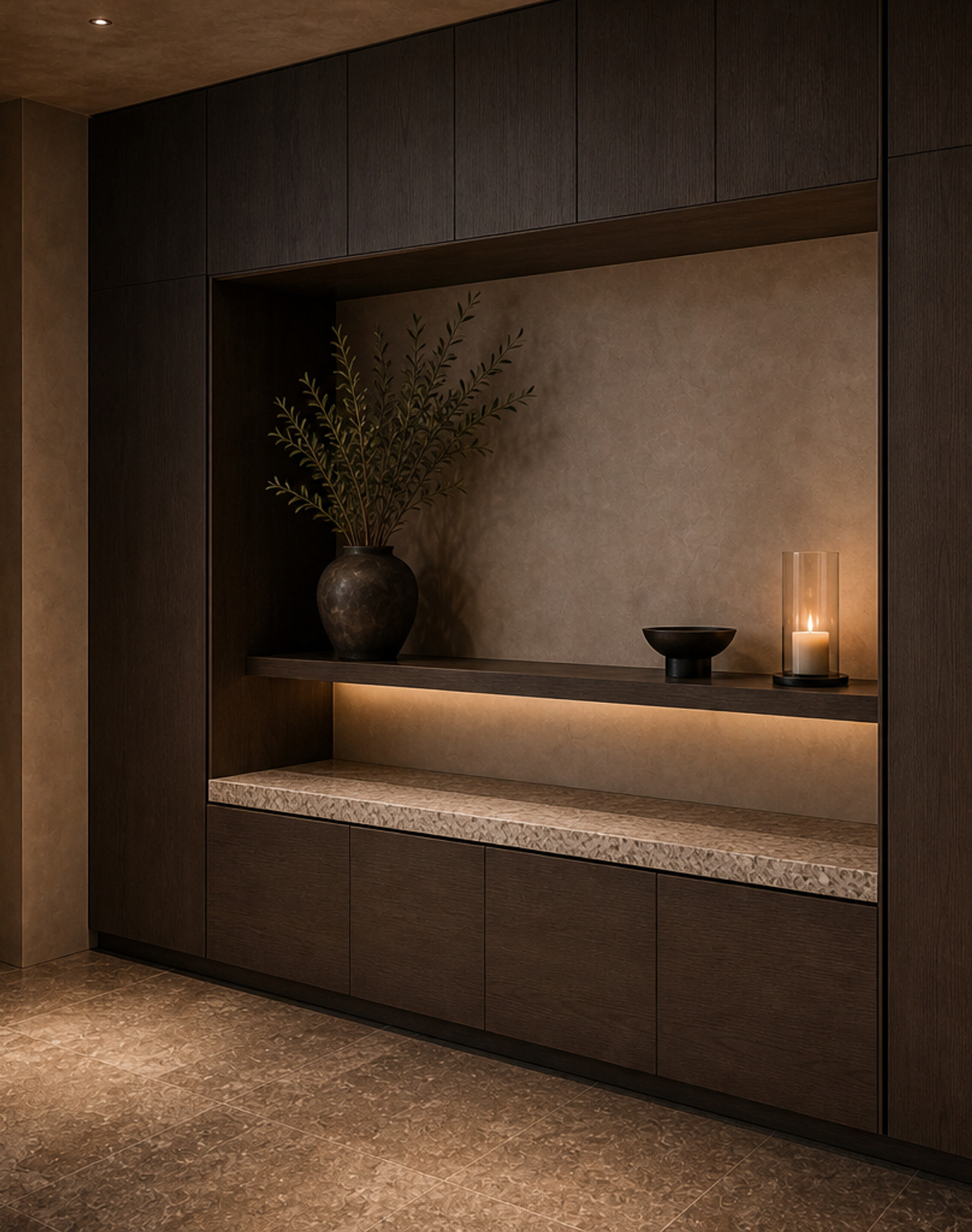 Fadior Savile Entryway Suite with Floating Ledge Arrival Niche — interior room context showing cabinet integration