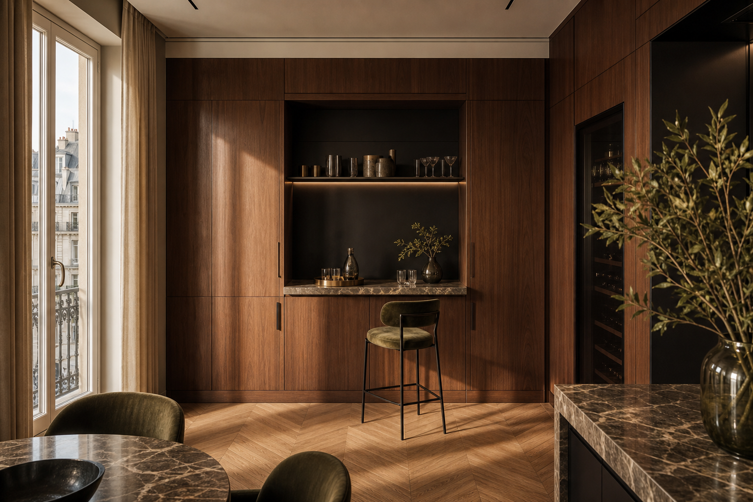 Fadior Milan 75 sqm Kitchen Penthouse - pantry wall, bar counter, stool, apartment window