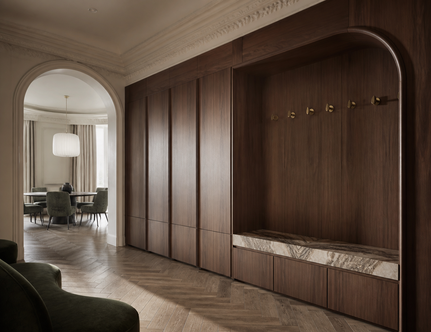 Fadior Ecliptic Entryway Suite with Sculpted Threshold Arc - stainless steel entryway storage with shoe cabinet, bench seating, coat storage, console zone, and warm finishes