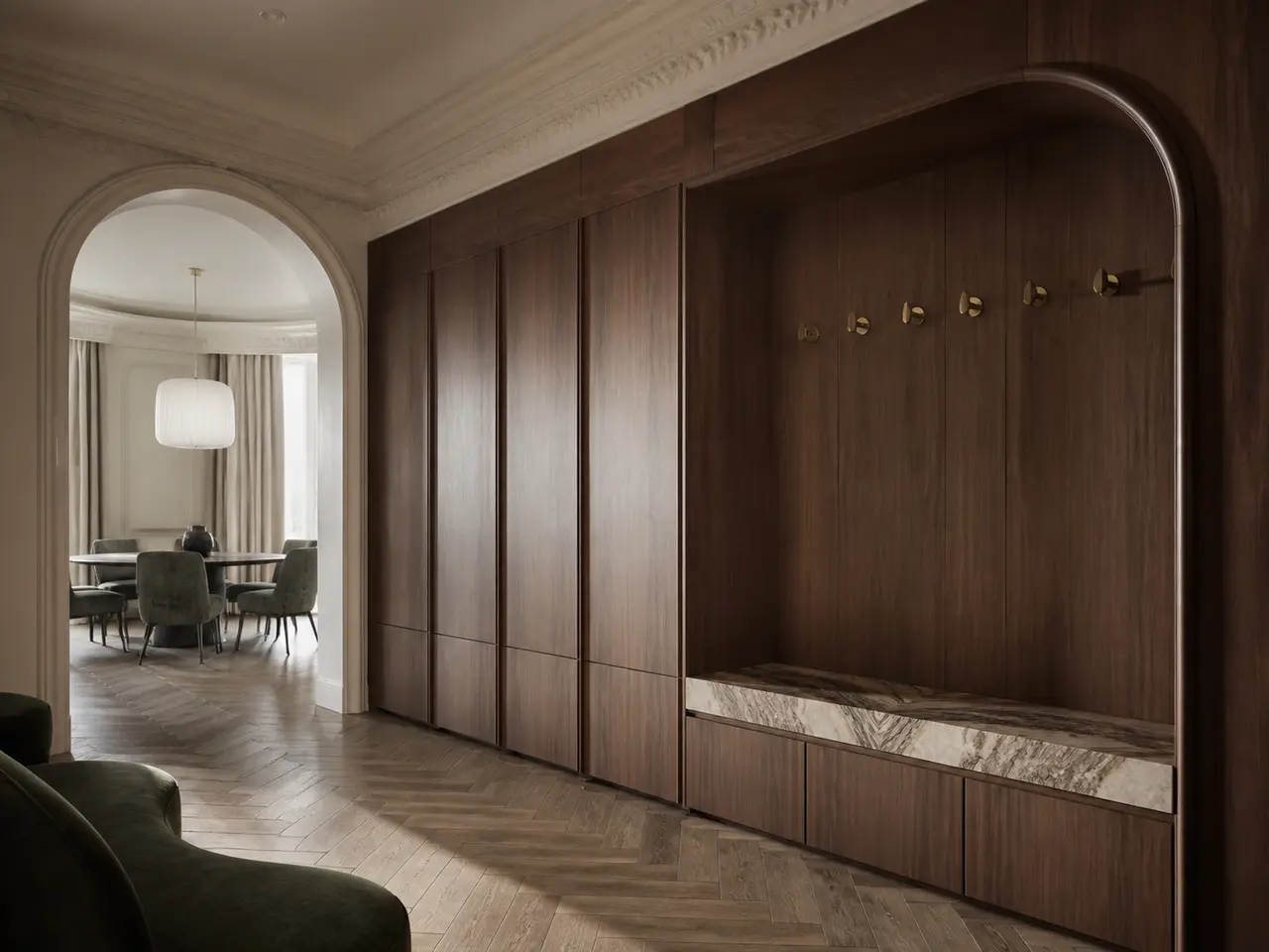 Fadior Ecliptic Entryway Suite with Sculpted Threshold Arc - stainless steel entryway storage with shoe cabinet, bench seating, coat storage, console zone, and warm finishes