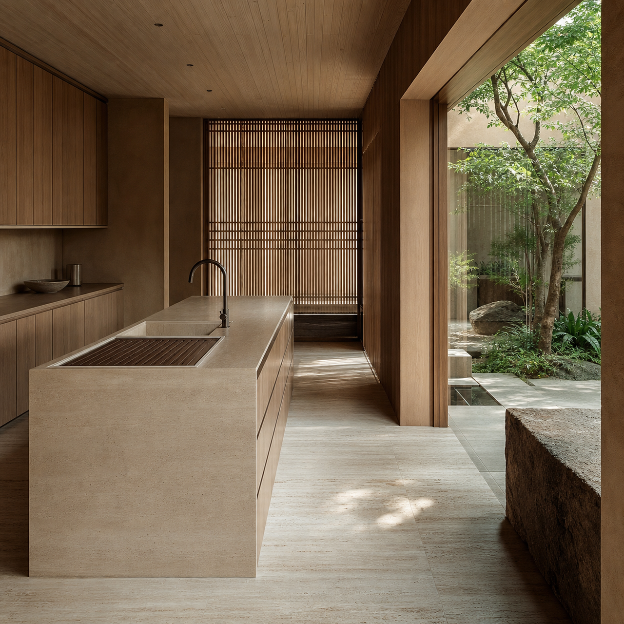 Fadior Solace Kitchen Suite with Monsoon Rinse Island — interior room context showing cabinet integration