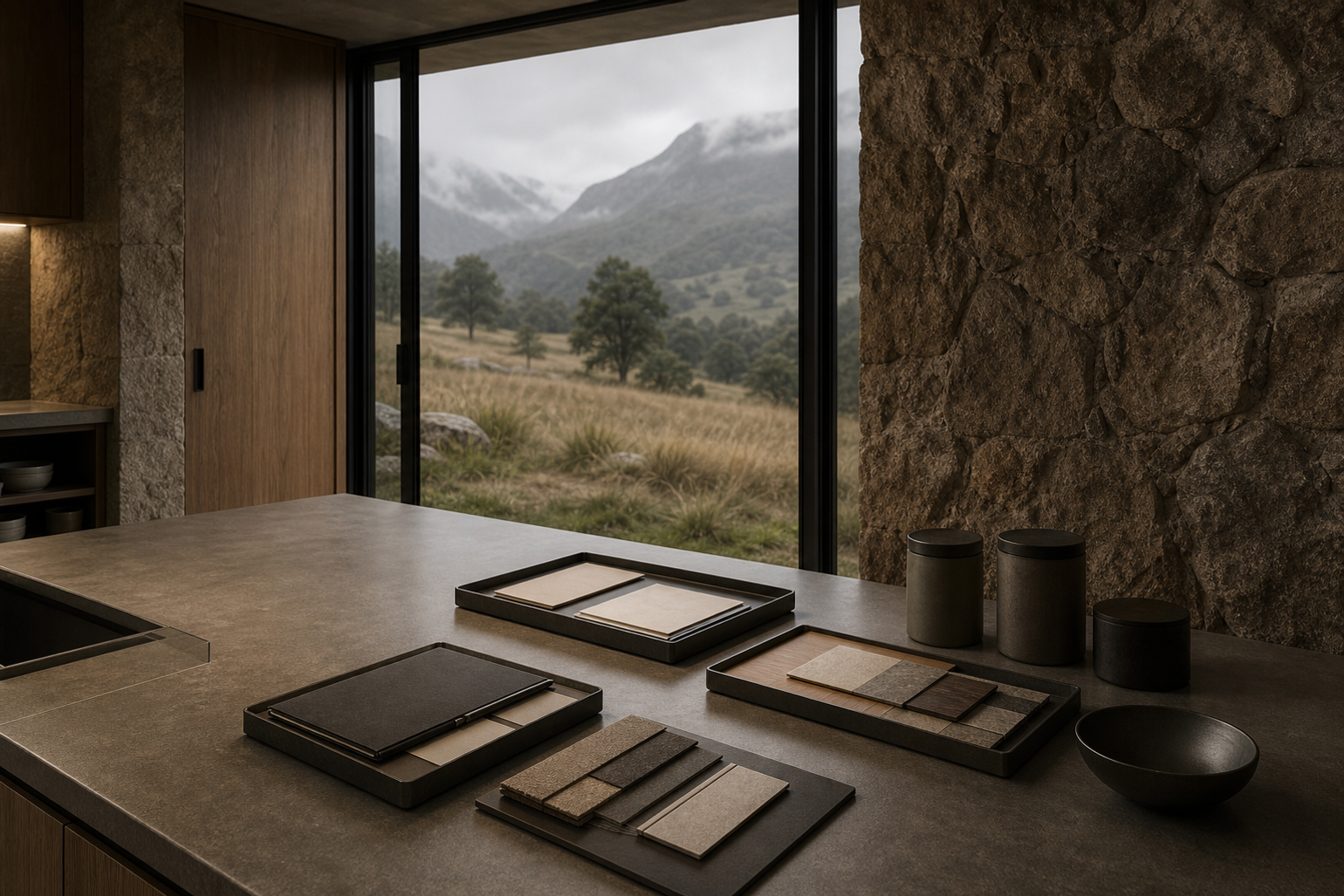 Material mood study: rough stone wall, oak door, and blank sample trays for pantry inventory handoff.