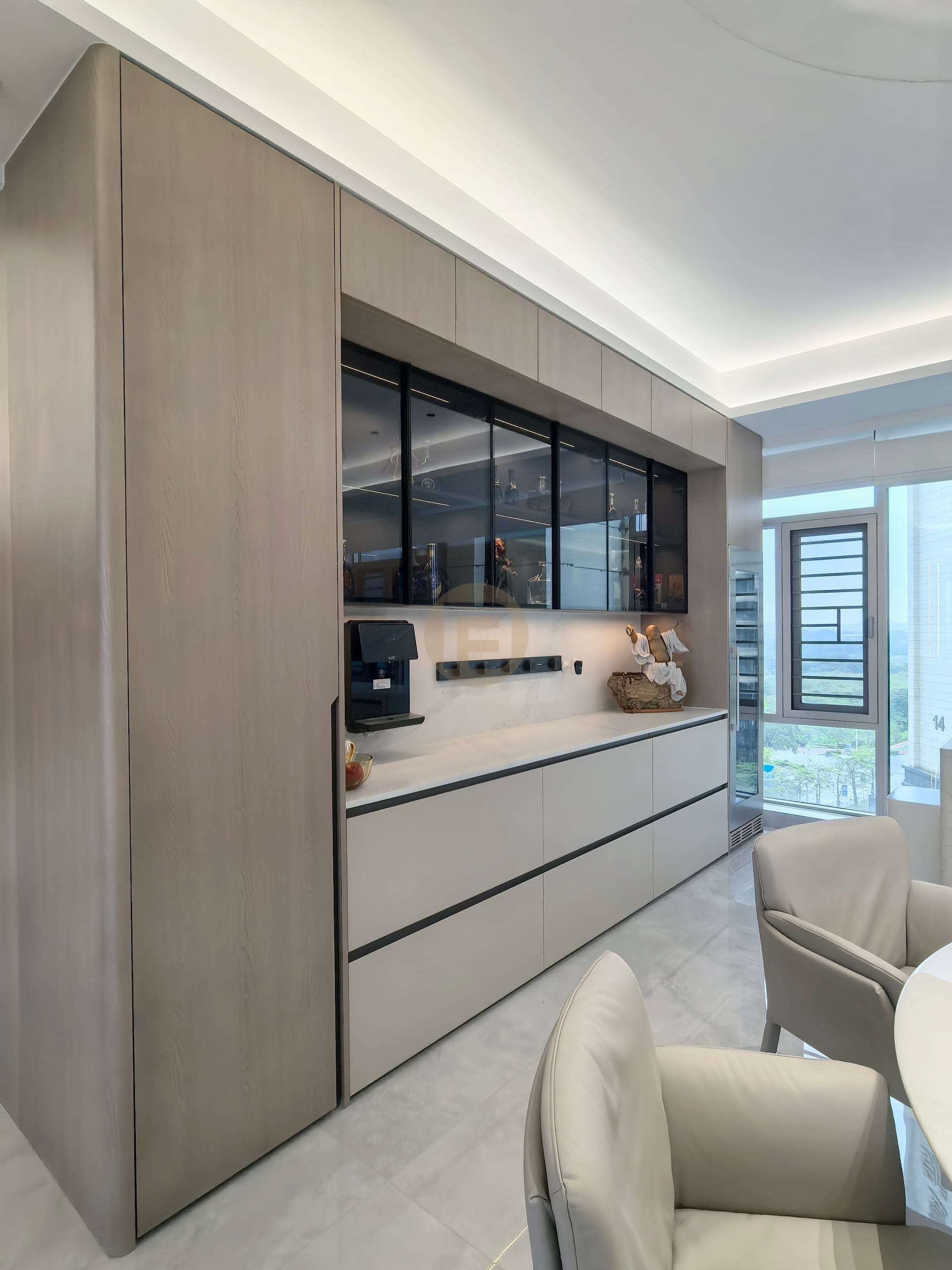 Full-height dining sideboard with smoked-glass display cabinets, coffee station and deep drawers