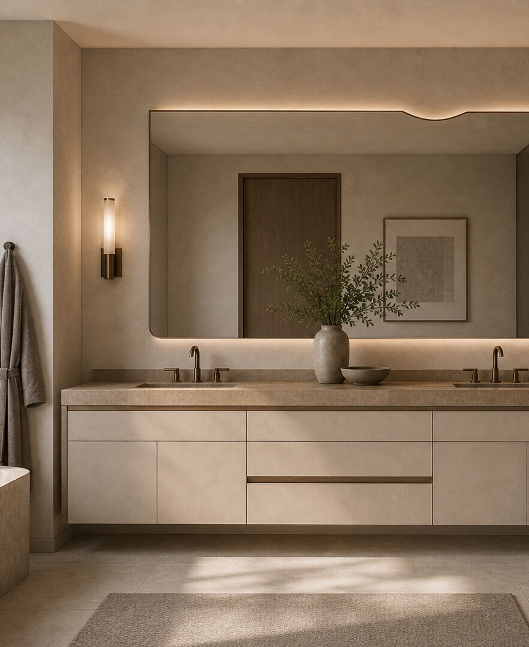 Fadior Alcove Bath and Vanity Suite with Sculpted Mirror Ribbon — 304 stainless steel bath and vanity system, front view