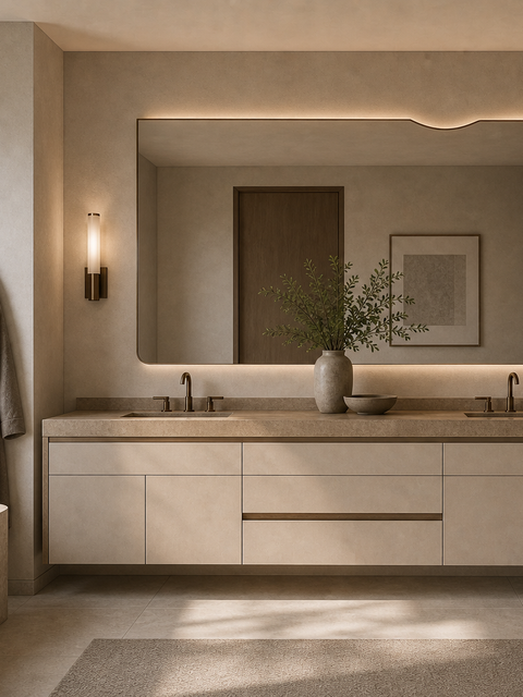 Fadior Alcove Bath and Vanity Suite with Sculpted Mirror Ribbon — 304 stainless steel bath and vanity system, front view