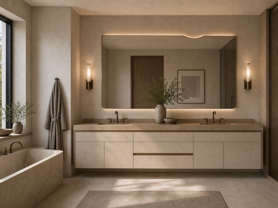 Fadior Alcove Bath and Vanity Suite with Sculpted Mirror Ribbon — 304 stainless steel bath and vanity system, front view