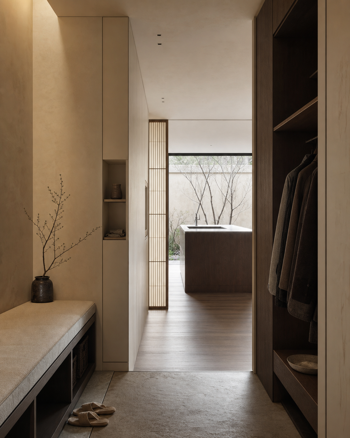 Fadior Tokyo 85 sqm Kitchen Apartment — entry pantry, sitting bench, recessed storage, kitchen doorway