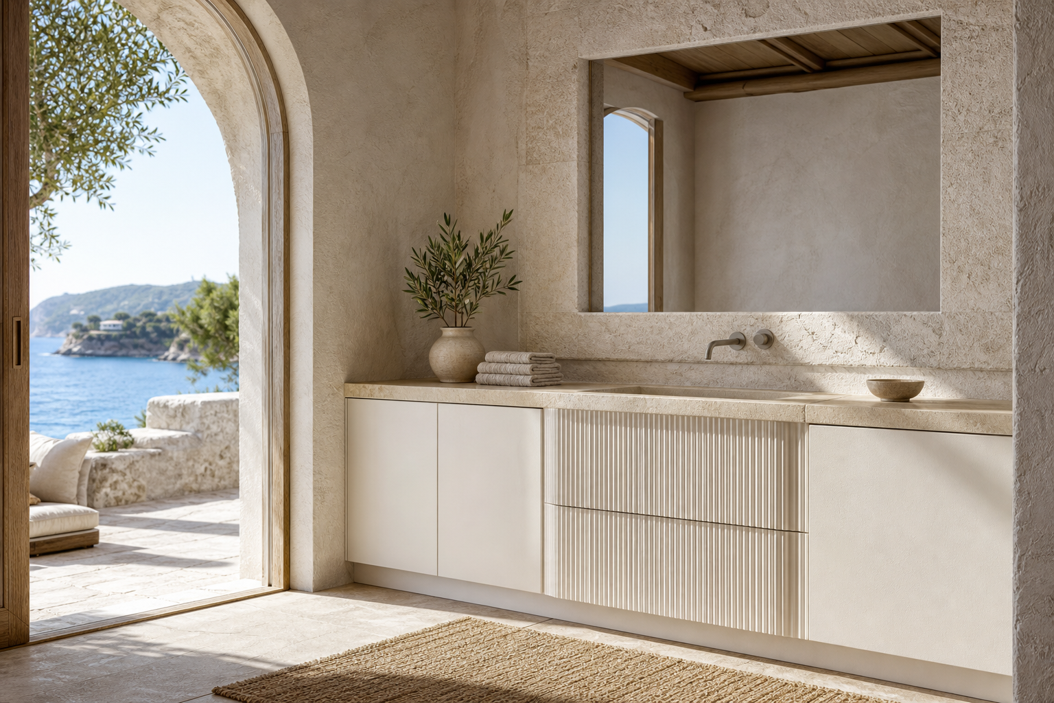 Fadior Alcove Bath and Vanity Suite with Fluted Rainlight Basin Bay — lifestyle setting with natural light and residential