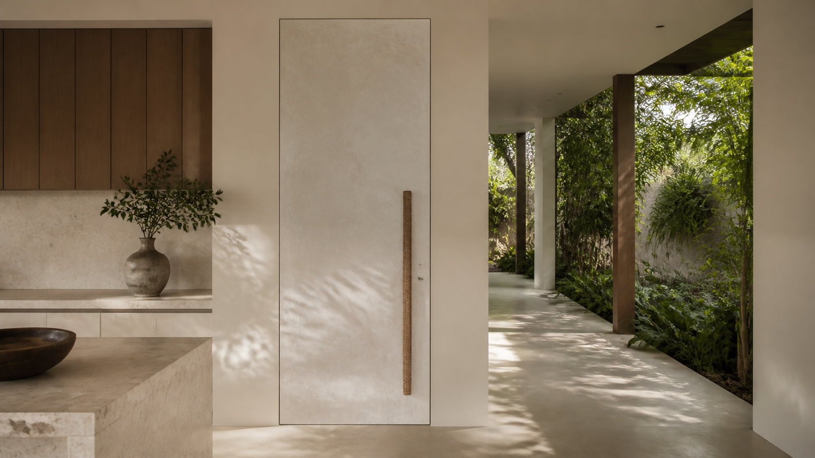 Fadior Alabaster Interior Door Suite with Contour Quietline Door — interior room context showing cabinet integration