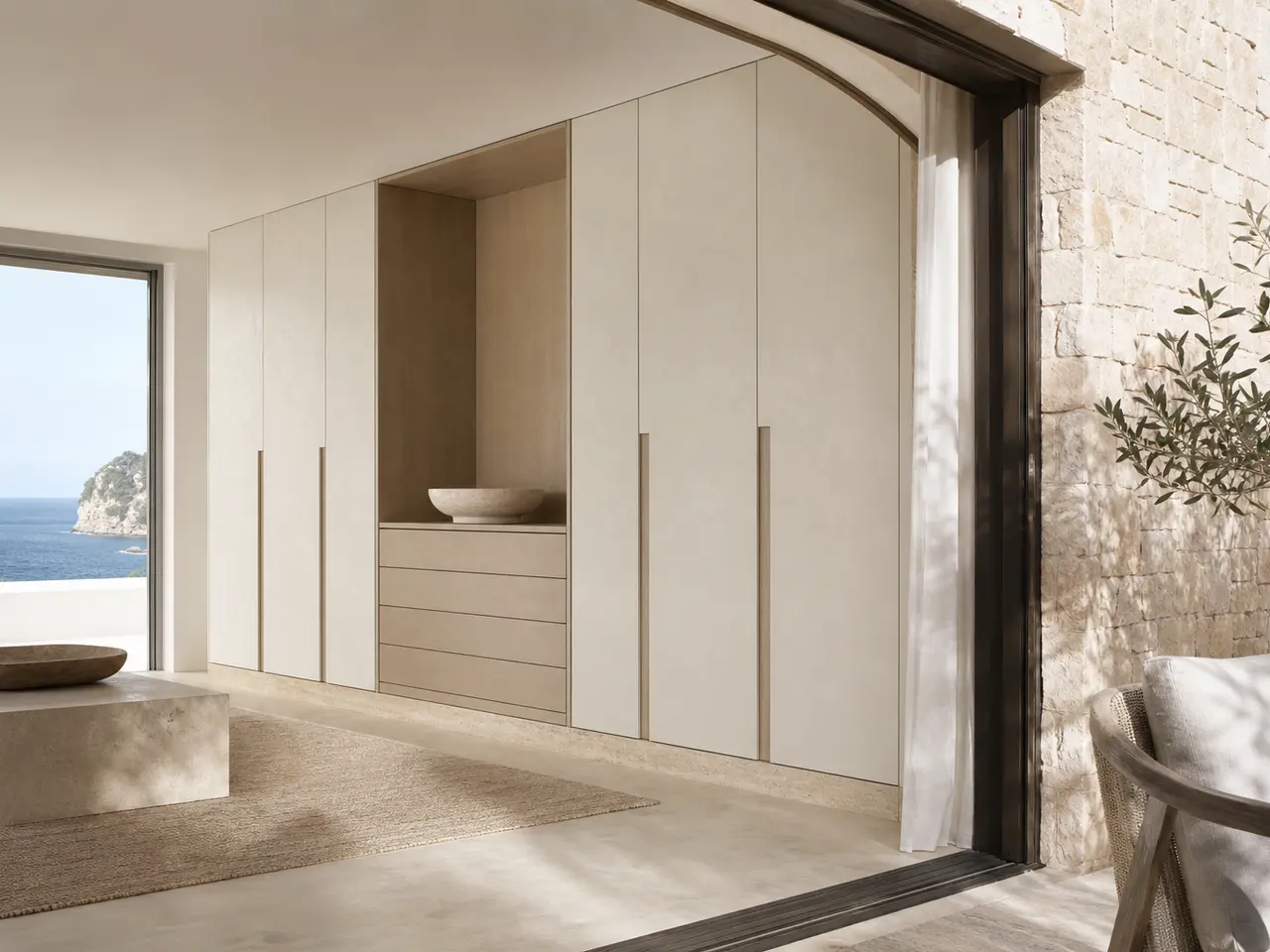 Fadior Canopy Wardrobe Suite with Parchment Dresser Portal - custom 304 stainless steel wardrobe or walk-in closet with lighting, hanging, drawer storage, and residential finishes