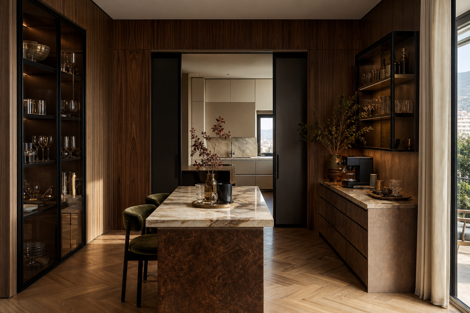 Fadior Medellin 185 sqm Kitchen Apartment — walnut wall panels, marble counter, glass cabinets, coffee station,