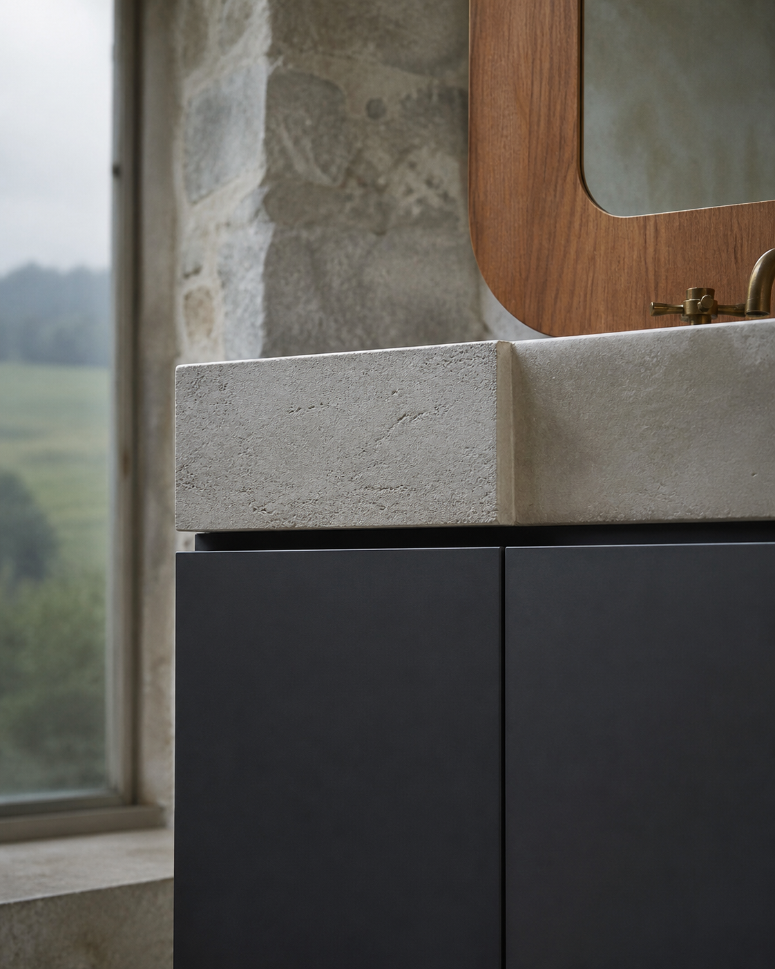 Fadior Alcove Bath and Vanity Suite with Tidepool Arch Basin — close-up of stainless steel finish and hardware detail