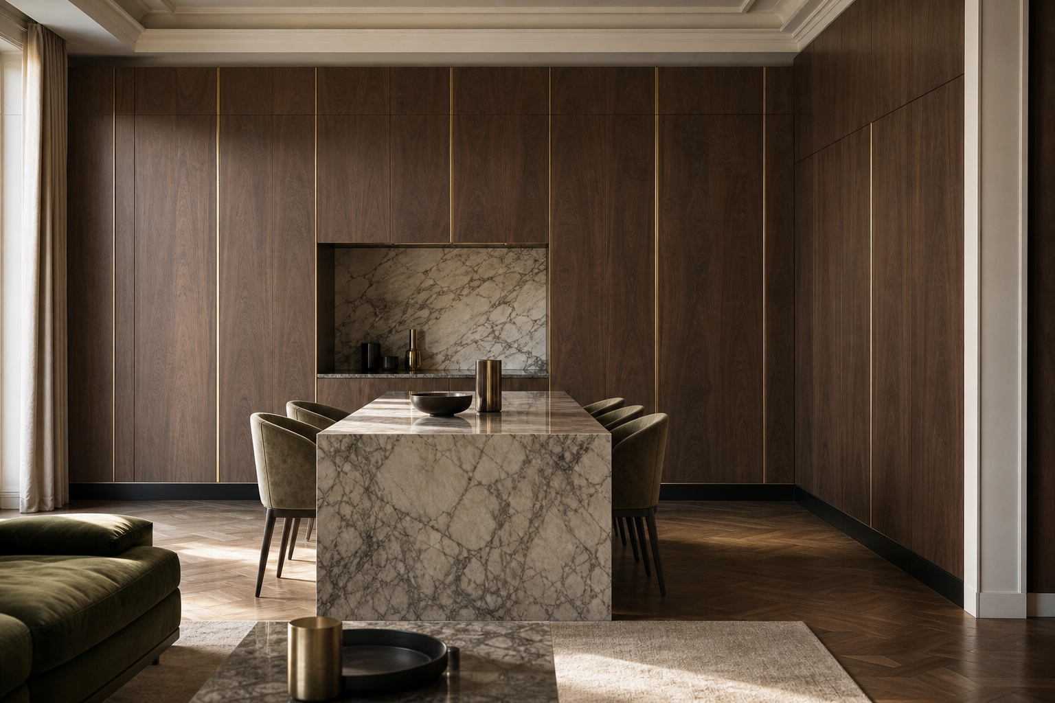 Fadior Miroir Wall Panel Suite with Floorline Plinth Alignment — lifestyle setting with natural light and residential styling