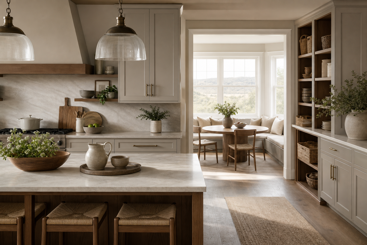 Lifestyle context: warm villa kitchen and breakfast nook planned around family renovation deliveries.