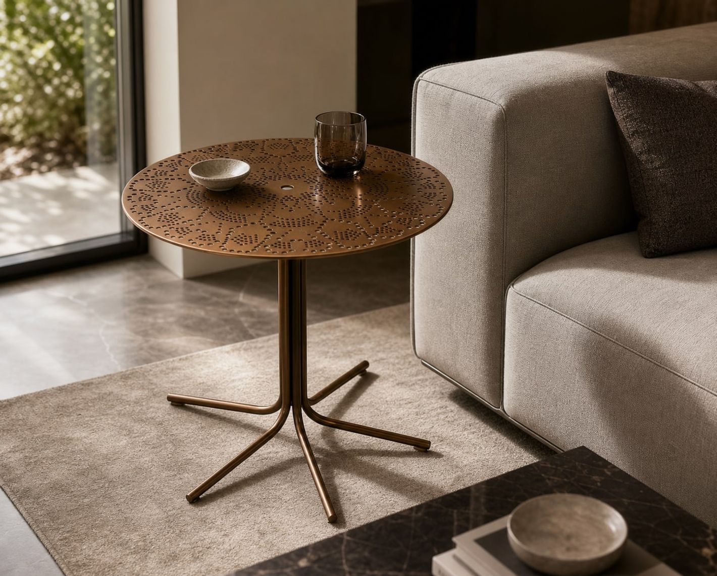 Side Table (Stainless steel brass) styled in a FADIOR HOME interior setting
