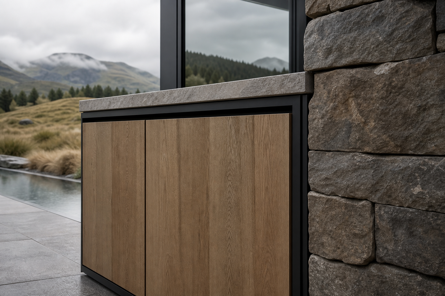 Fadior Dream Home Kitchen Suite with Certified Oak Chef Wall — close-up of stainless steel finish and hardware detail