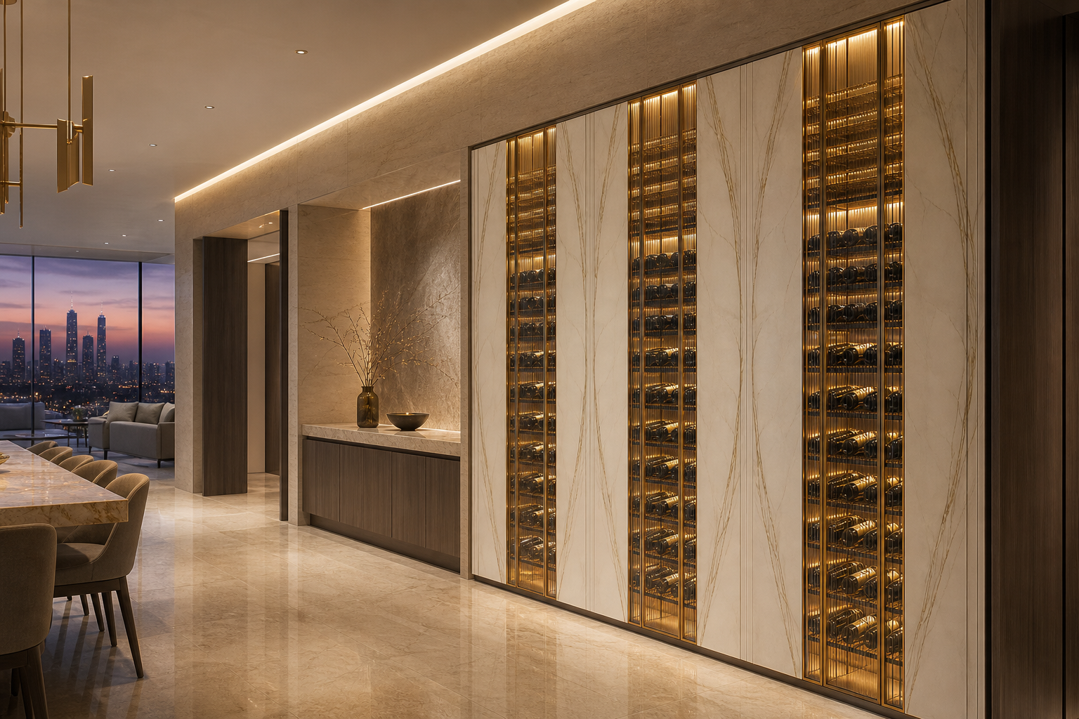 Fadior Cru Wine Cabinet Suite with Reeded Bottle Spine — interior room context showing cabinet integration