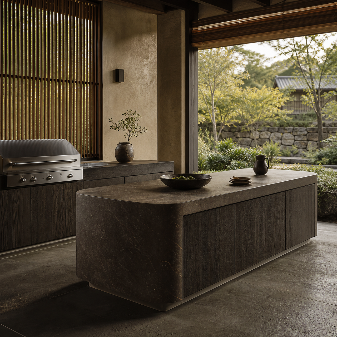 Fadior Horizon Outdoor Kitchen Suite with Tidepool Tasting Counter — lifestyle setting with natural light and residential