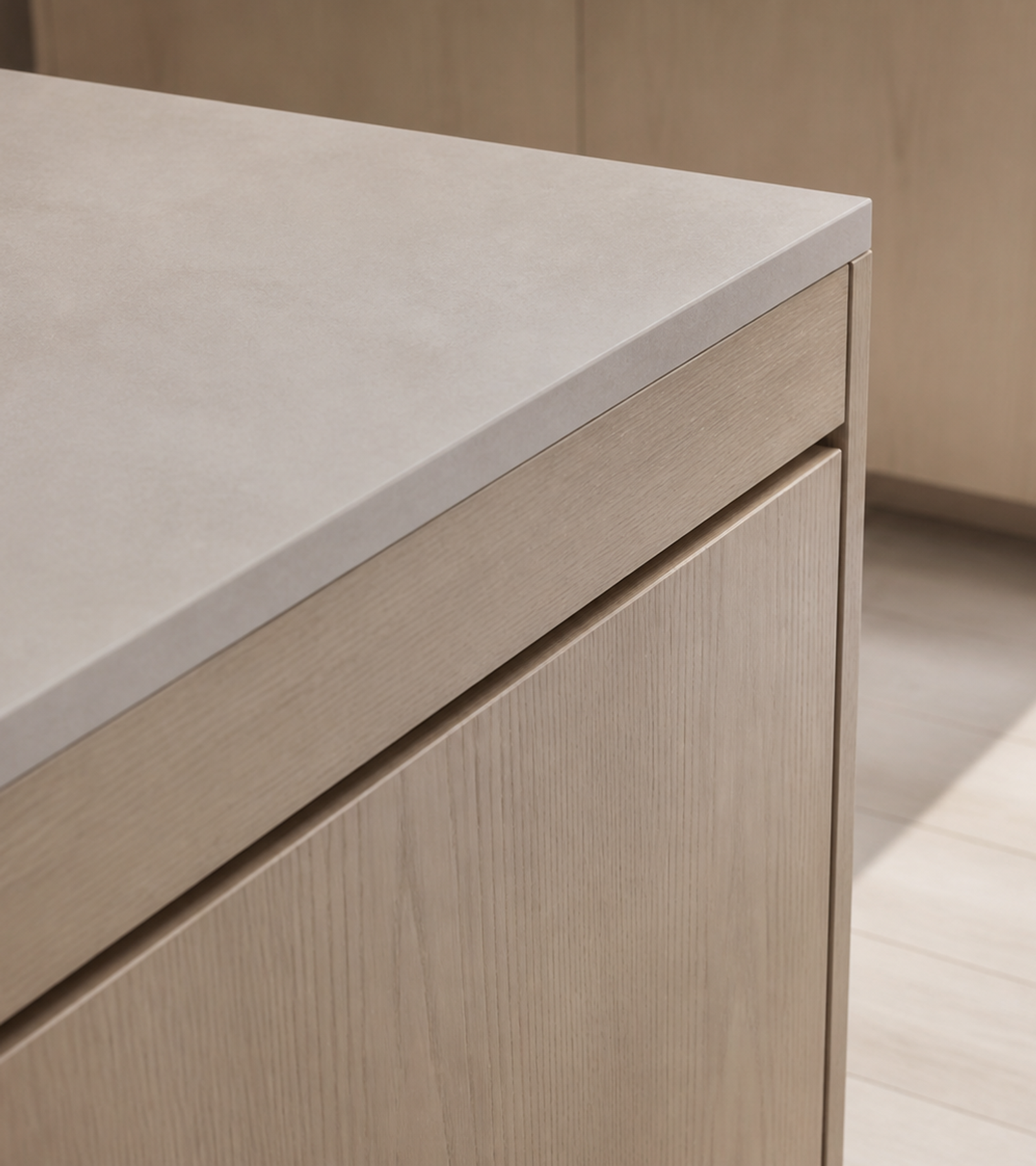 Fadior Solace Kitchen Suite with Cold-Finished Hearth Island — close-up of stainless steel finish and hardware detail