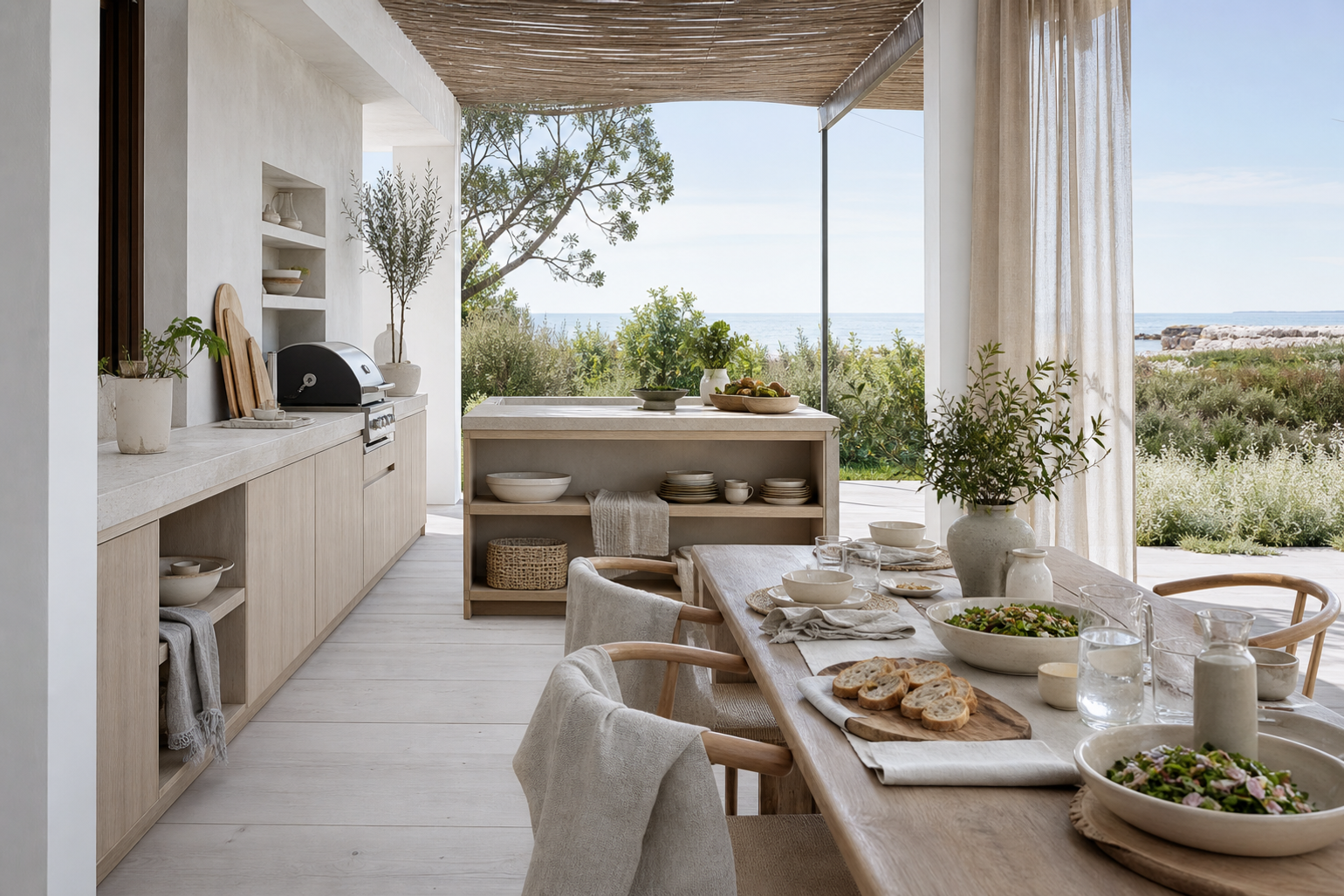 Coastal villa terrace kitchen prepared for family dinner and summer hosting.