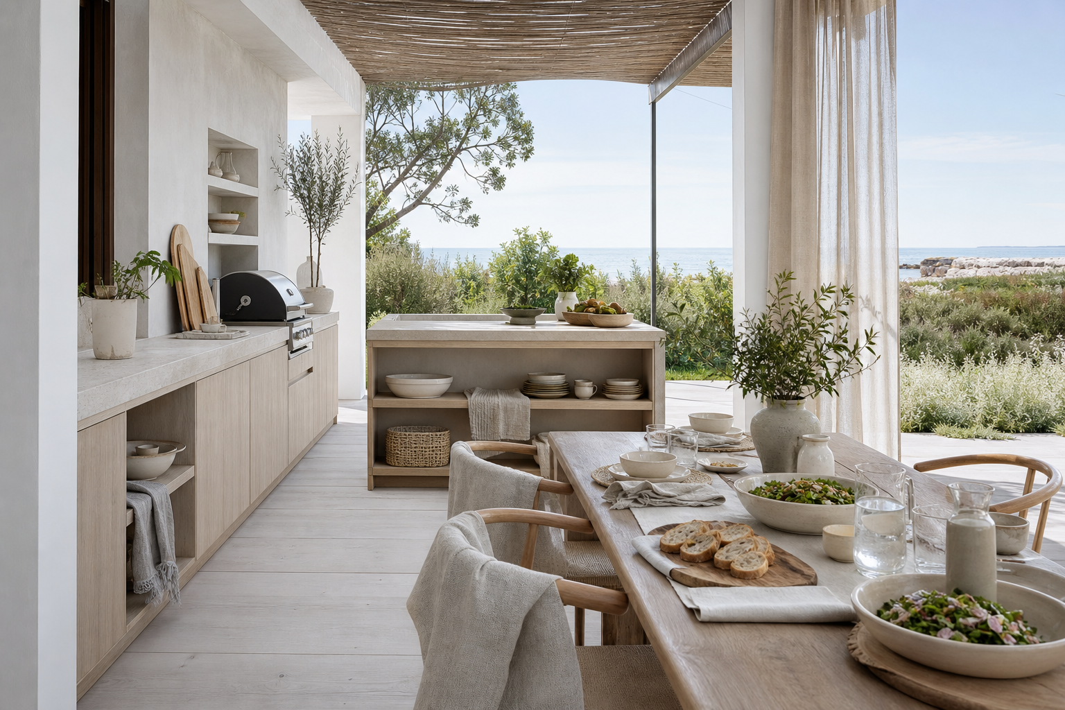 Coastal villa terrace kitchen prepared for family dinner and summer hosting.