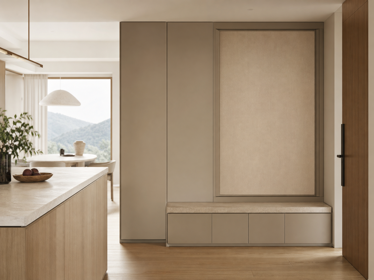 Fadior Loggia Entryway Suite with Linen Pivot Sorting Wall — interior room context showing cabinet integration