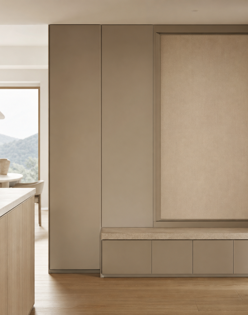 Fadior Loggia Entryway Suite with Linen Pivot Sorting Wall — interior room context showing cabinet integration