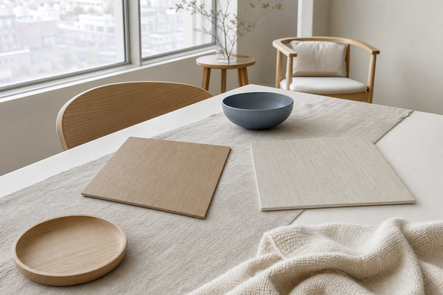 Dining table comparison scene with oak boards and linen texture for kitchen finish decisions.