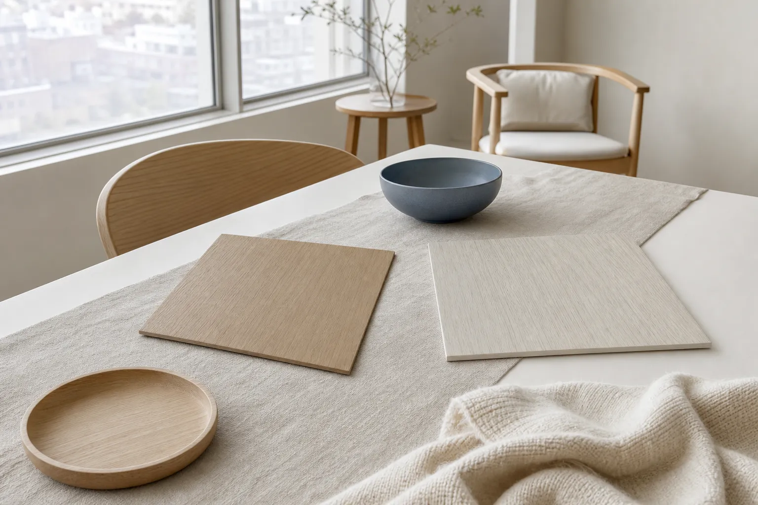 Dining table comparison scene with oak boards and linen texture for kitchen finish decisions.