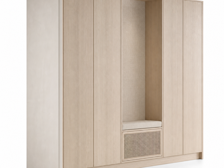 Fadior Onyx Wardrobe Suite with Cane Plinth Packing Wall — 304 stainless steel wardrobe system, front view