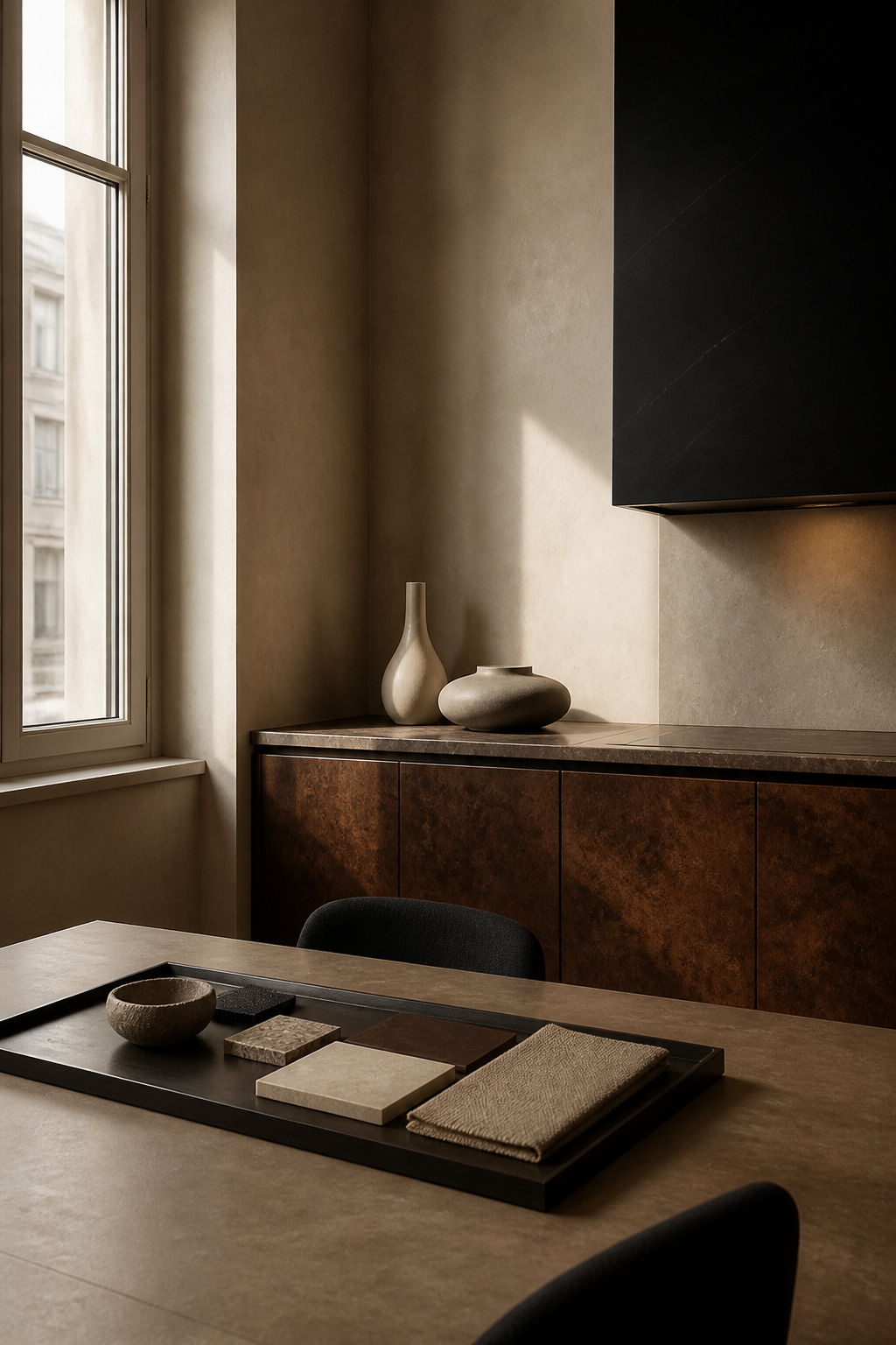 Milan kitchen corner with parchment and walnut-burl tones, a material study for documented finish and care comparison.