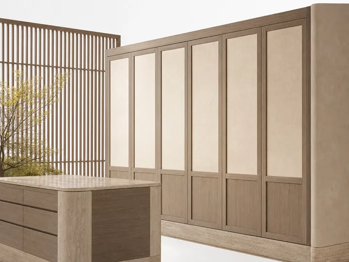Fadior Resonance Wardrobe Suite with Travertine Rail Dressing Run — 304 stainless steel wardrobe system, front view
