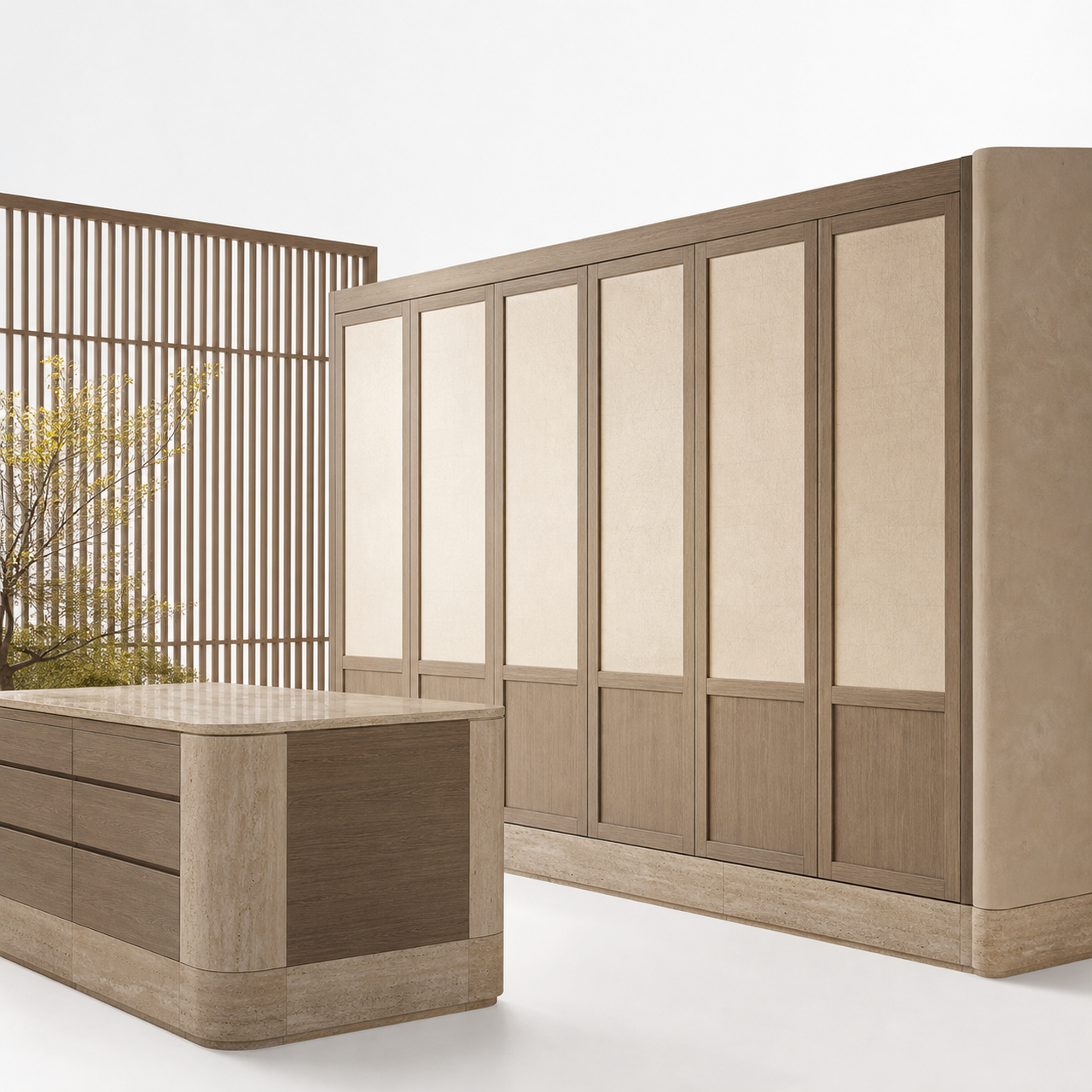 Fadior Resonance Wardrobe Suite with Travertine Rail Dressing Run — 304 stainless steel wardrobe system, front view