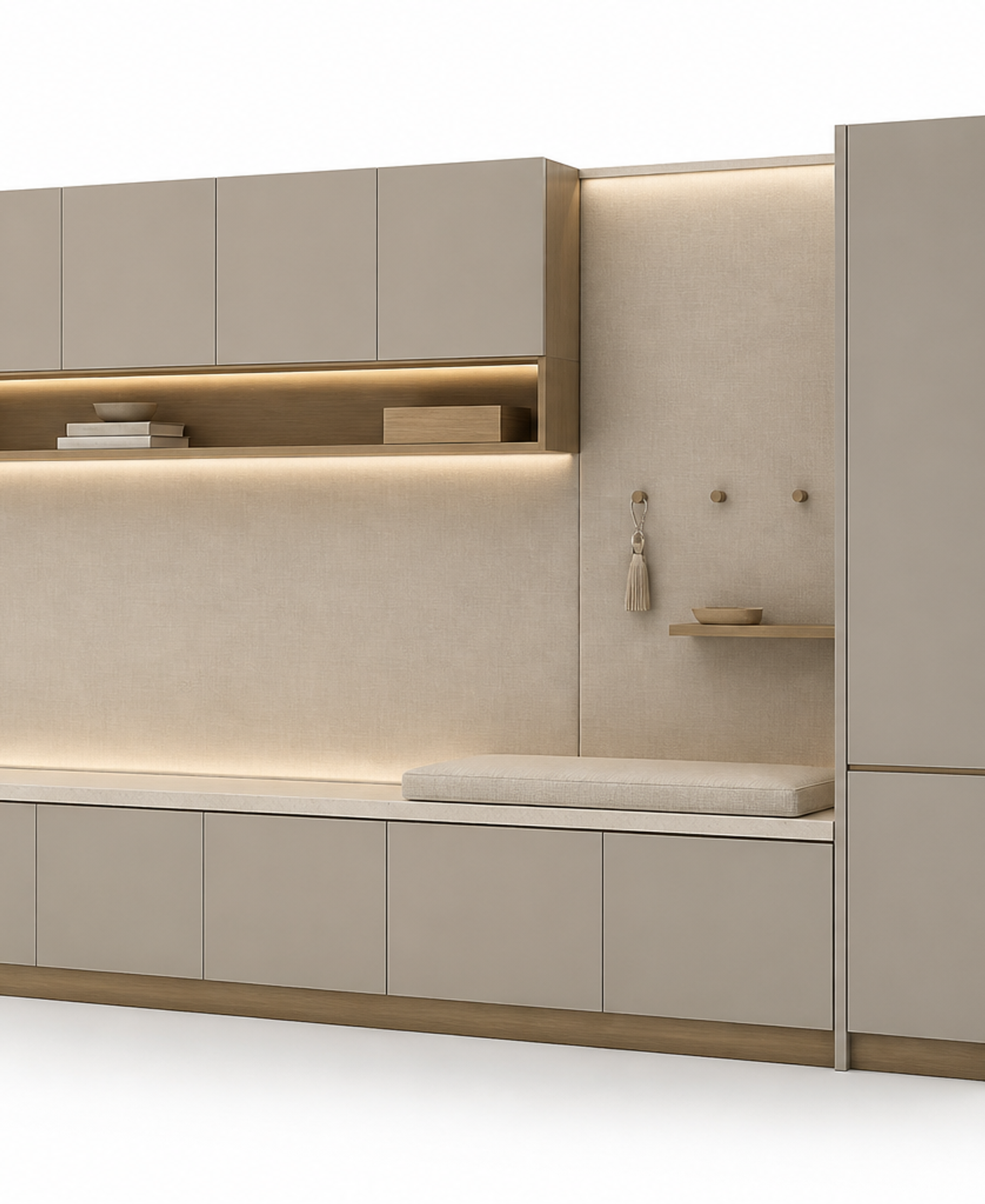 Fadior Ecliptic Entryway Suite with Linen Pinboard Keydrop Bench — 304 stainless steel entryway system, front view