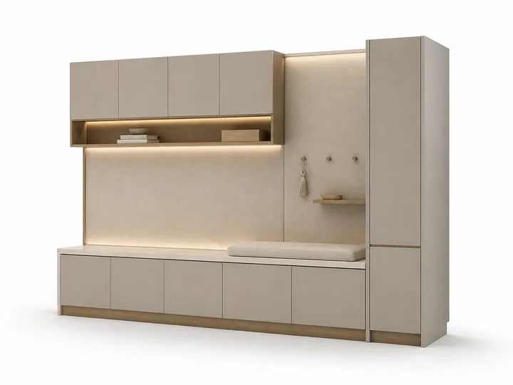 Fadior Ecliptic Entryway Suite with Linen Pinboard Keydrop Bench — 304 stainless steel entryway system, front view