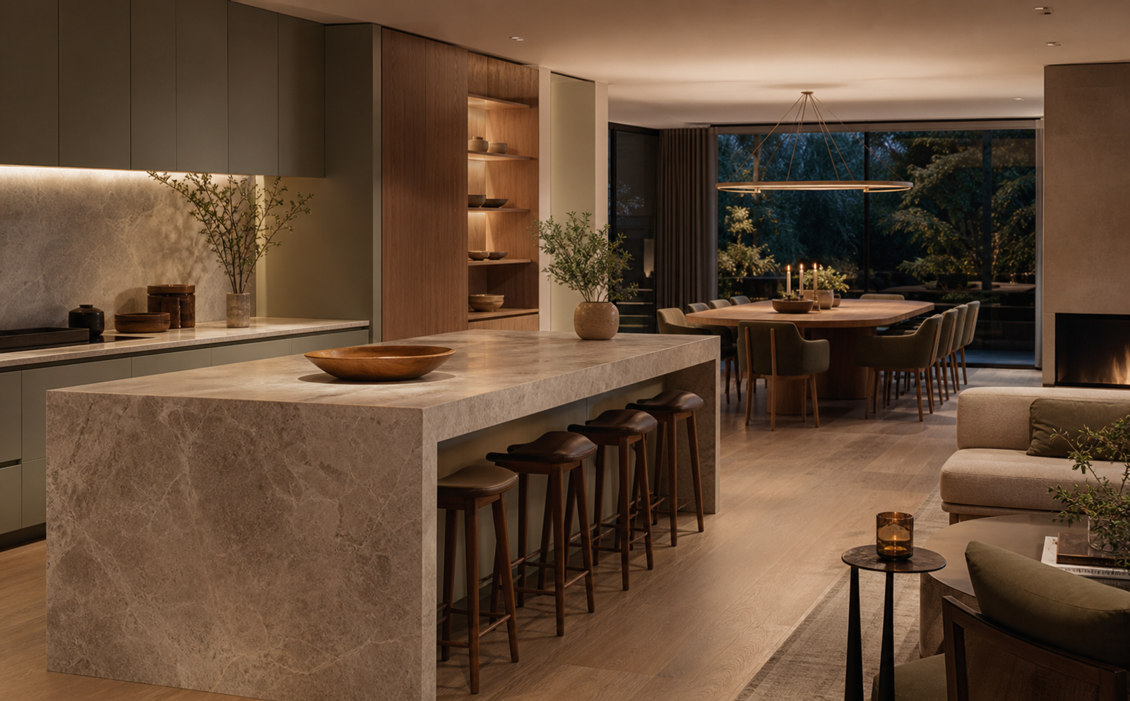 Lifestyle context: evening open-plan kitchen and dining space with muted cabinetry, oak accents, pale stone, and quiet hospitality.