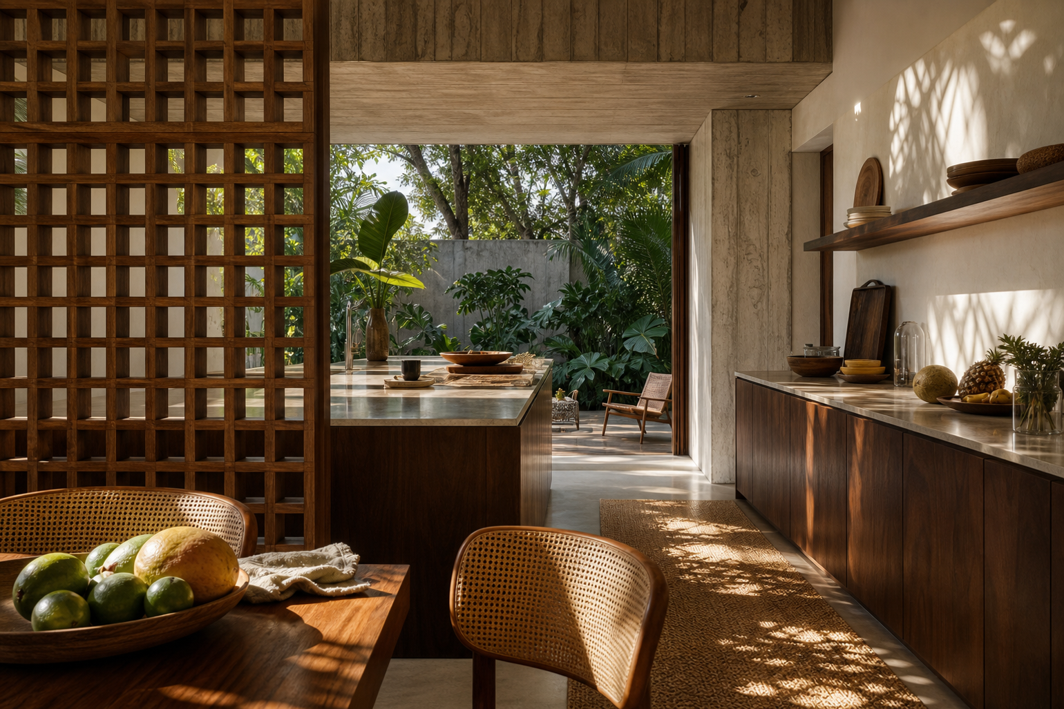 Kitchen lifestyle context with tropical garden, deep teak surfaces, and calm storage access purpose.