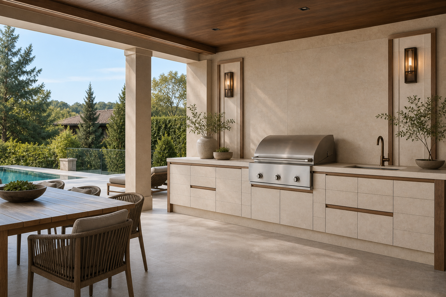 Fadior Horizon Outdoor Kitchen Suite with Limestone Pavilion Ribbon — interior room context showing cabinet integration