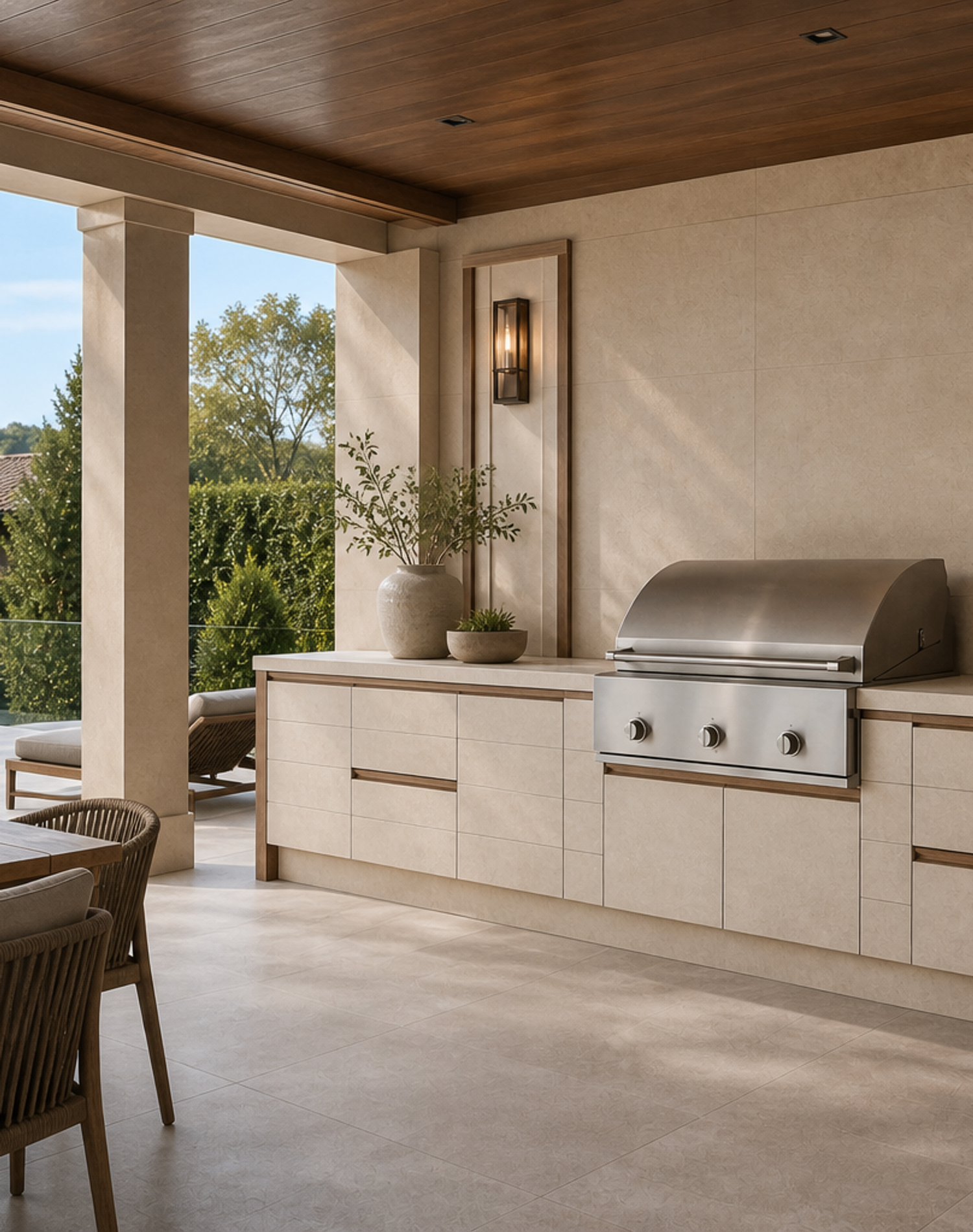 Fadior Horizon Outdoor Kitchen Suite with Limestone Pavilion Ribbon — interior room context showing cabinet integration