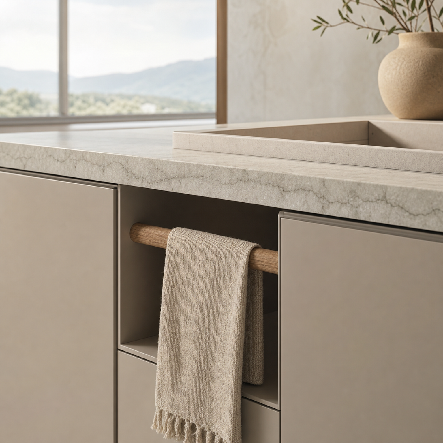 Fadior Nacre Bath and Vanity Suite with Linen Niche Towel Bridge — close-up of stainless steel finish and hardware detail