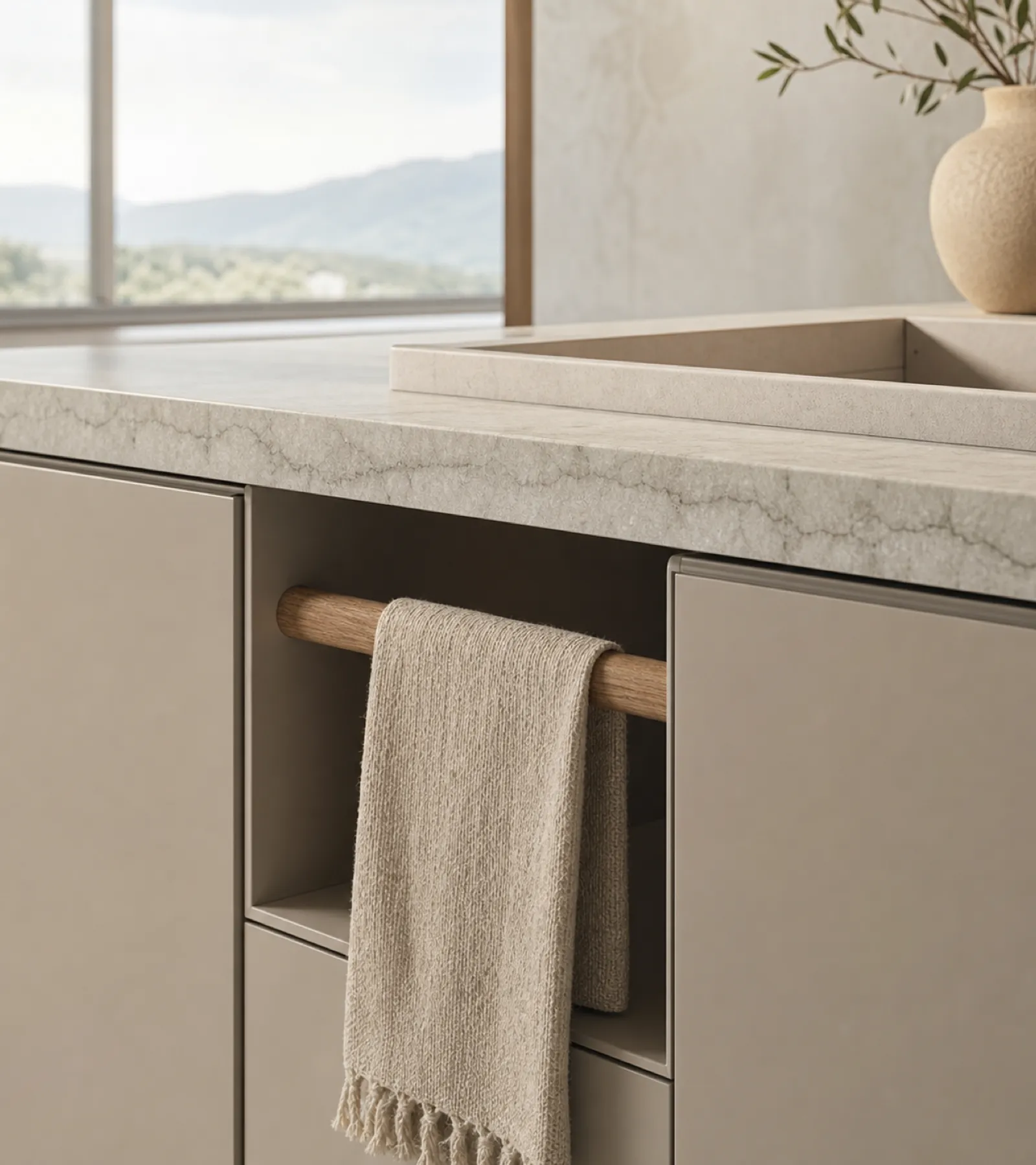 Suite de Baño y Tocador Nacre con Puente de Toallas de Lino en Niche acabado y detalle