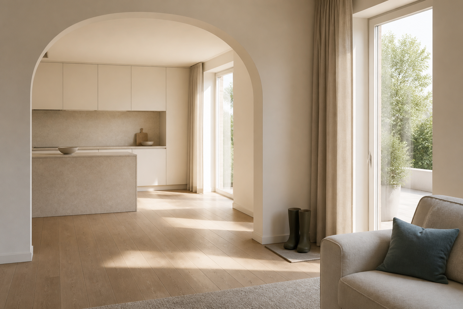 Fadior Wellington 420 sqm Kitchen Villa — Wellington villa kitchen, sofa, timber table, terrace window, stone floor