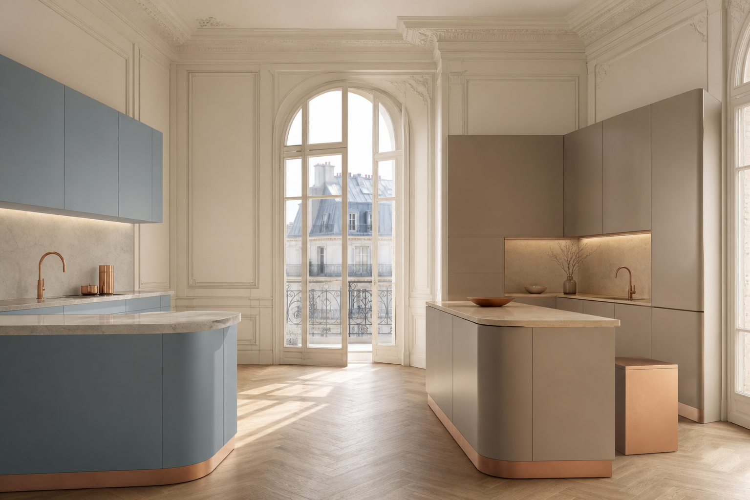 Two kitchen finish zones comparing matte blue and warm taupe powder coated color choices.